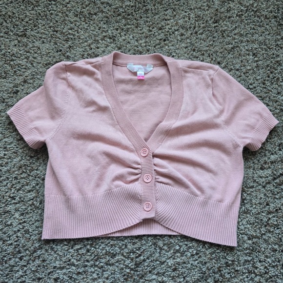 No Boundaries Pink Cropped Cardigan Knit Top Short Sleeve Size M - Picture 1 of 6
